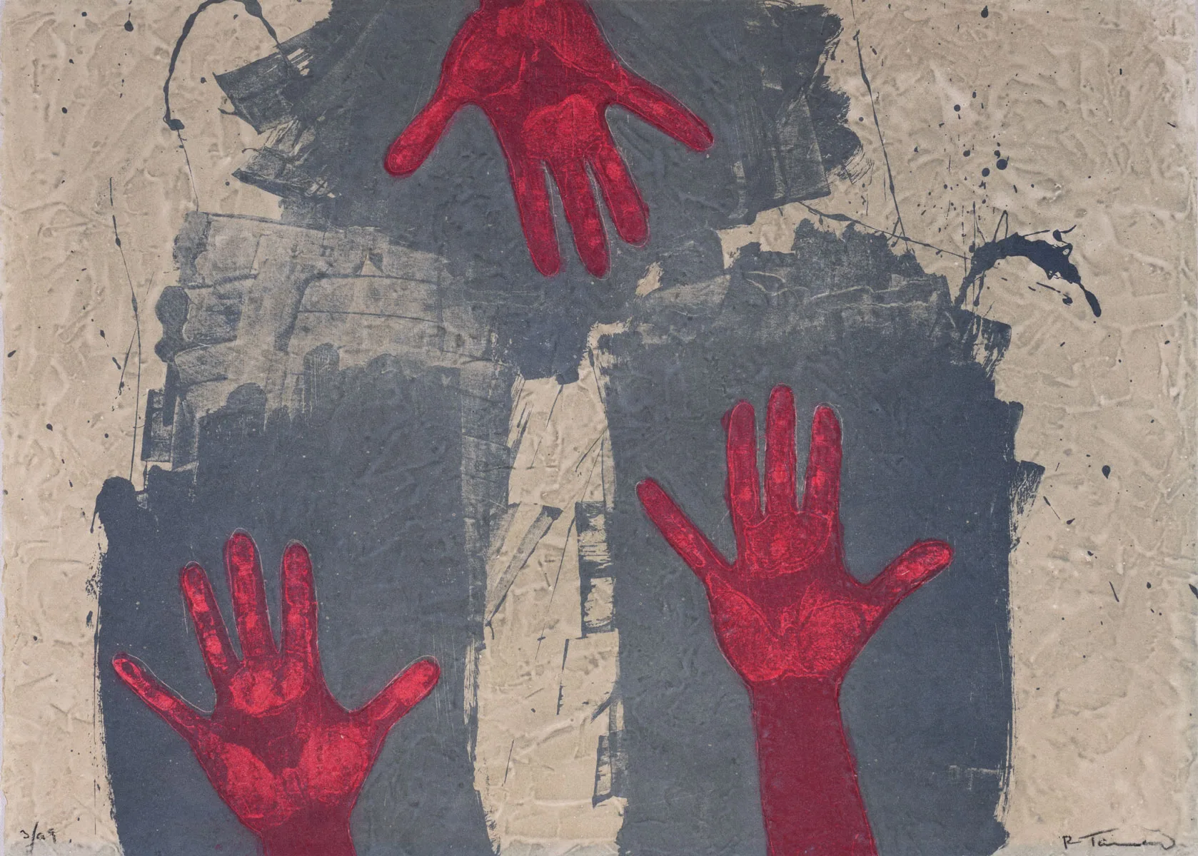 Rufino Tamayo, Manos sobre fondo azul, Aguafuerte, 56 x 76 cm, 1979