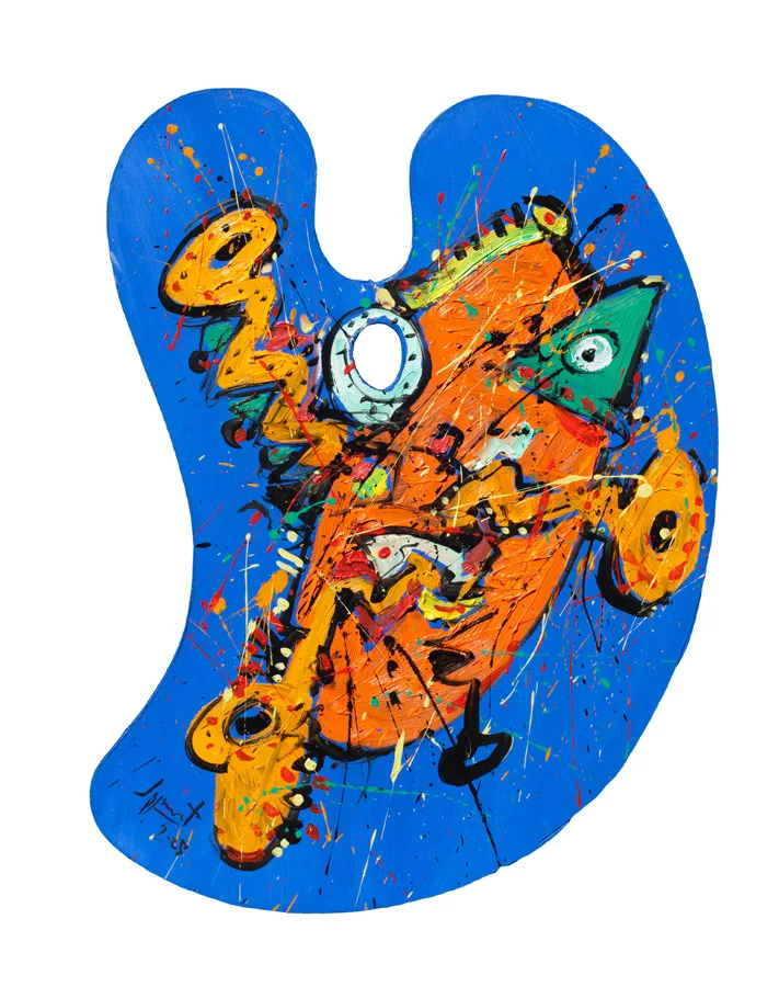 Jazzamoart Mascara con Saxos Óleo sobre madera 65 x 50 cm 2025