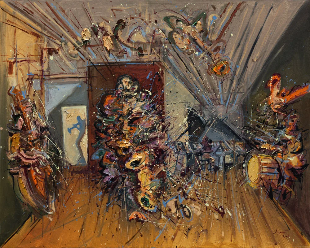 Jazzamoart Interior con músicos de carne y pintura 80 x 100 cm Óleo sobre tela 2026